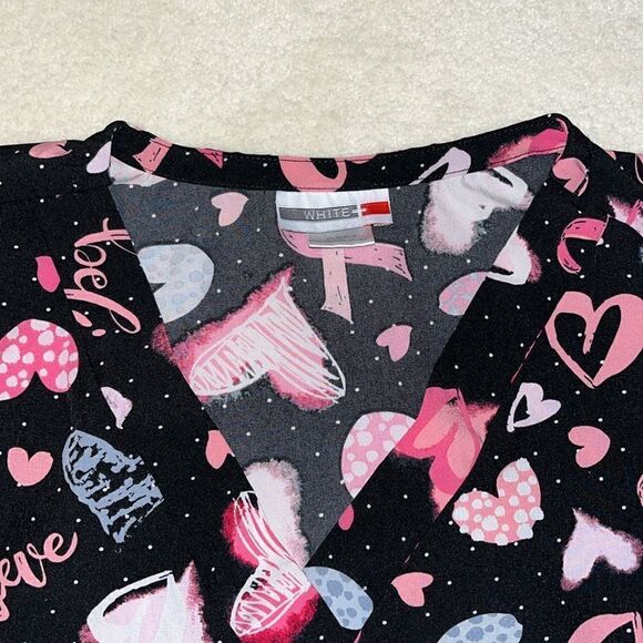 White Cross Breast Cancer Pink Heart/Ribbon Scrub /Healthcare Top Size L - Picture 2 of 7
